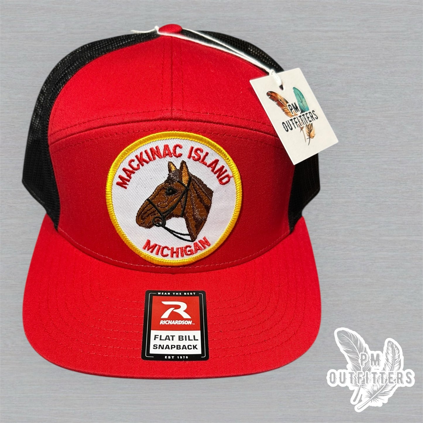 Vintage Mackinac Island Michigan Patch Trucker Hat - Richardson 168 Red Black