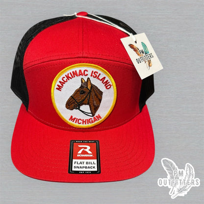 Vintage Mackinac Island Michigan Patch Trucker Hat - Richardson 168 Red Black