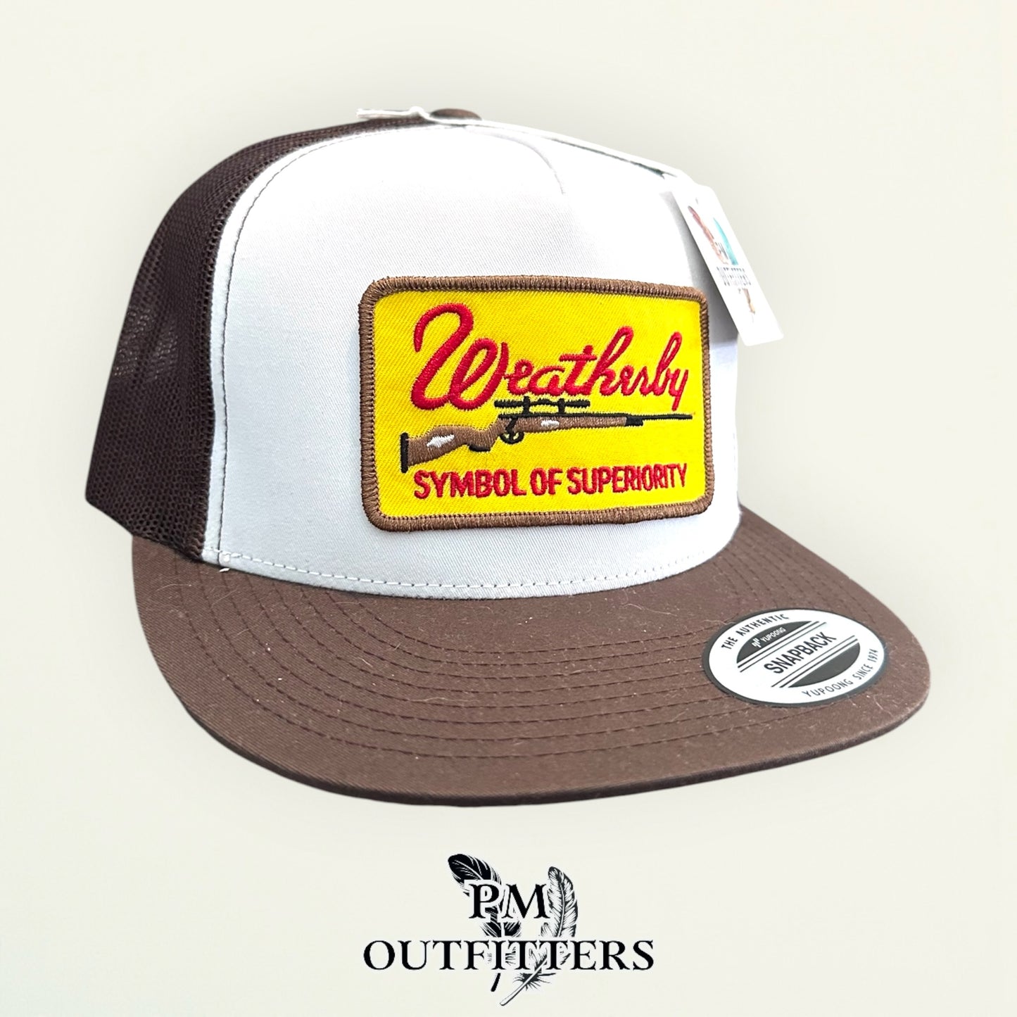 Weatherby Symbol of Superiority Trucker Hat — PM Outfitters Retro Patch | YP Classics Flat Bill White Brown Hunting Heritage