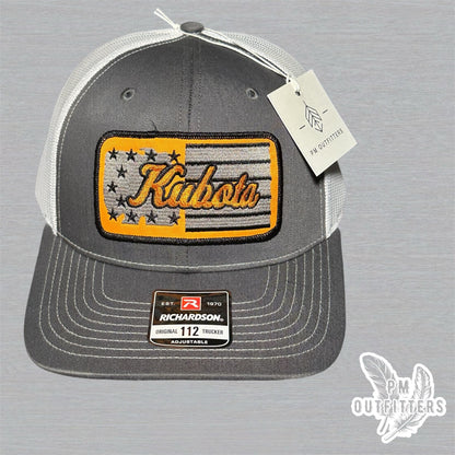 Kubota Tractor American Flag Patch Charcoal & White Richardson 112 Trucker Hat