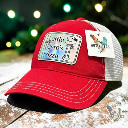 PM Outfitters Little Nero's Pizza trucker hat red white Richardson 112 holographic patch
