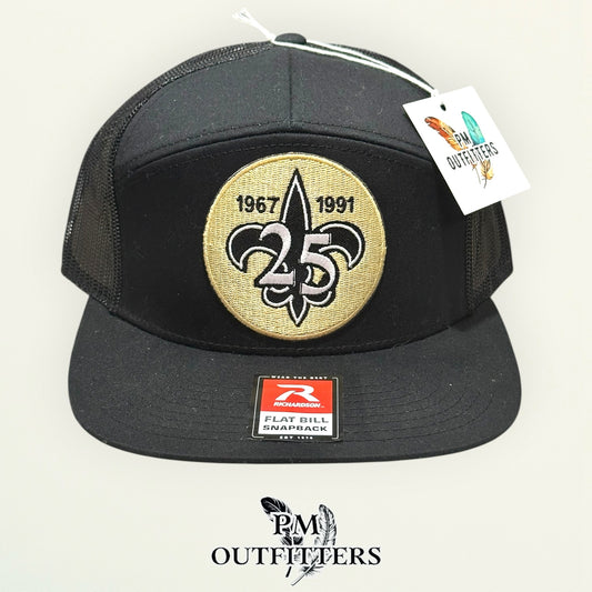 New Orleans Saints 25th Anniversary Flat Bill Hat | PM Outfitters Richardson 168 All Black | Who Dat Fan Gear