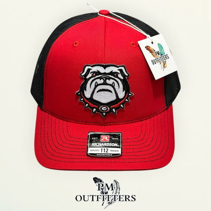 PM Outfitters Georgia Bulldogs mascot head embroidered patch Richardson 112 red black trucker hat