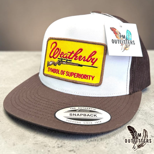 Weatherby Symbol of Superiority Trucker Hat — PM Outfitters Retro Patch | YP Classics Flat Bill White Brown Hunting Heritage