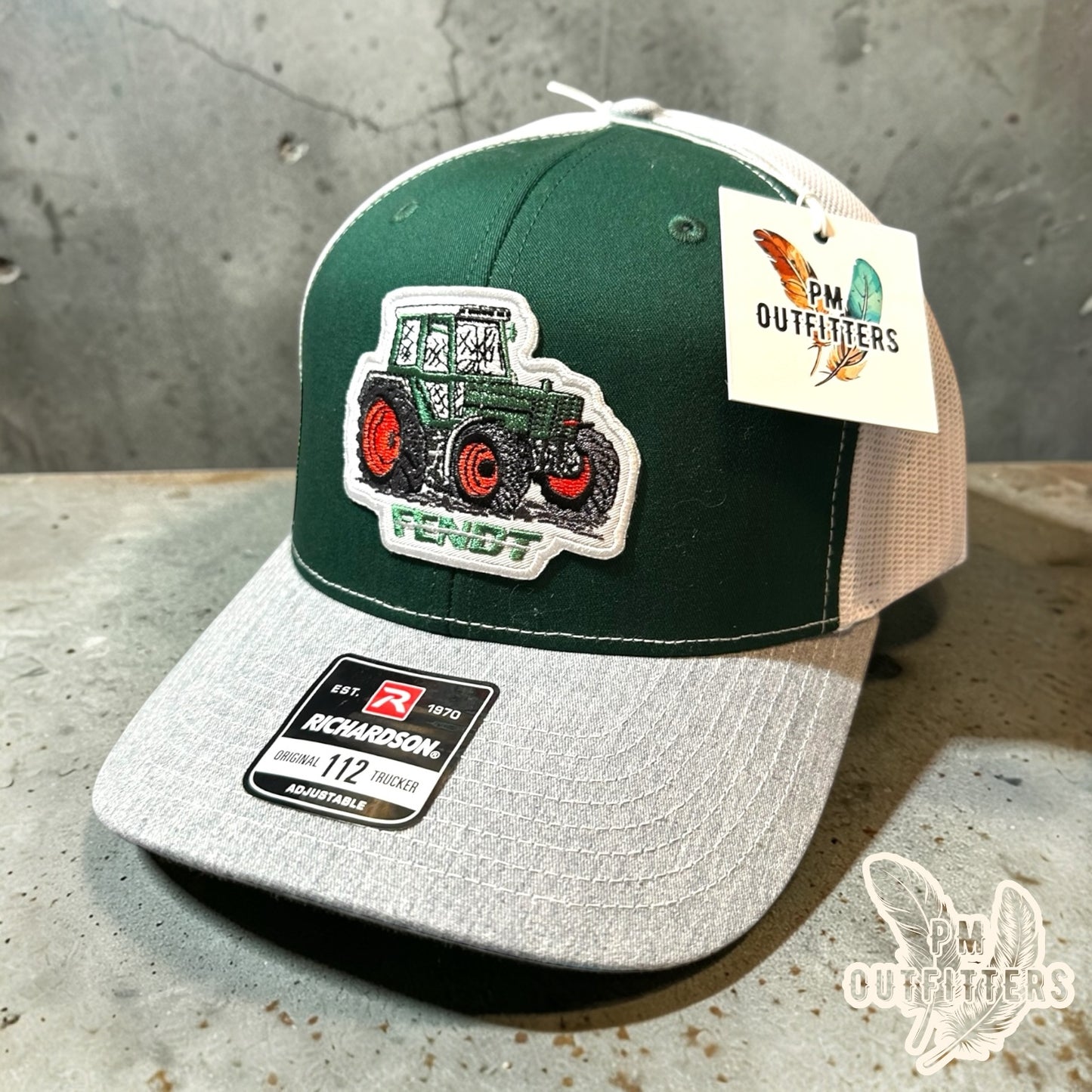 Fendt Tractor Trucker Hat — PM Outfitters Retro Patch | Richardson 112 Green Gray White Farm Heritage