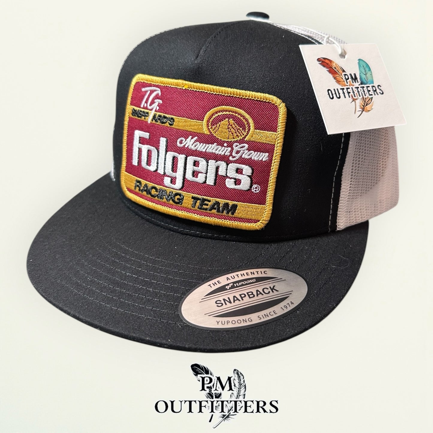 TG Sheppard Folgers Racing Team Trucker Hat - PM Outfitters | Yupoong 6006 Black White Flatbill NASCAR
