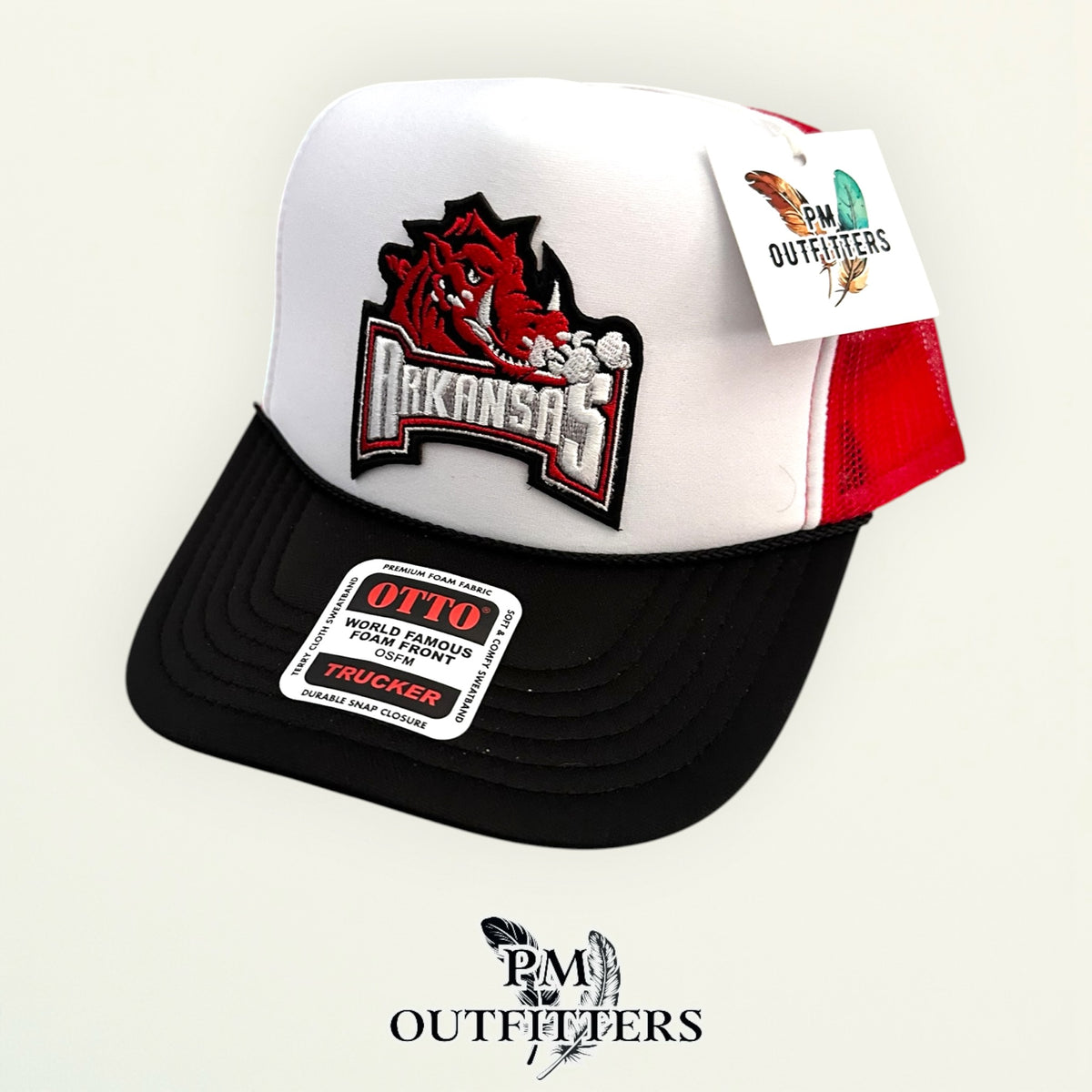PM Outfitters Arkansas Razorbacks retro wordmark patch Otto foam front rope red black white trucker hat