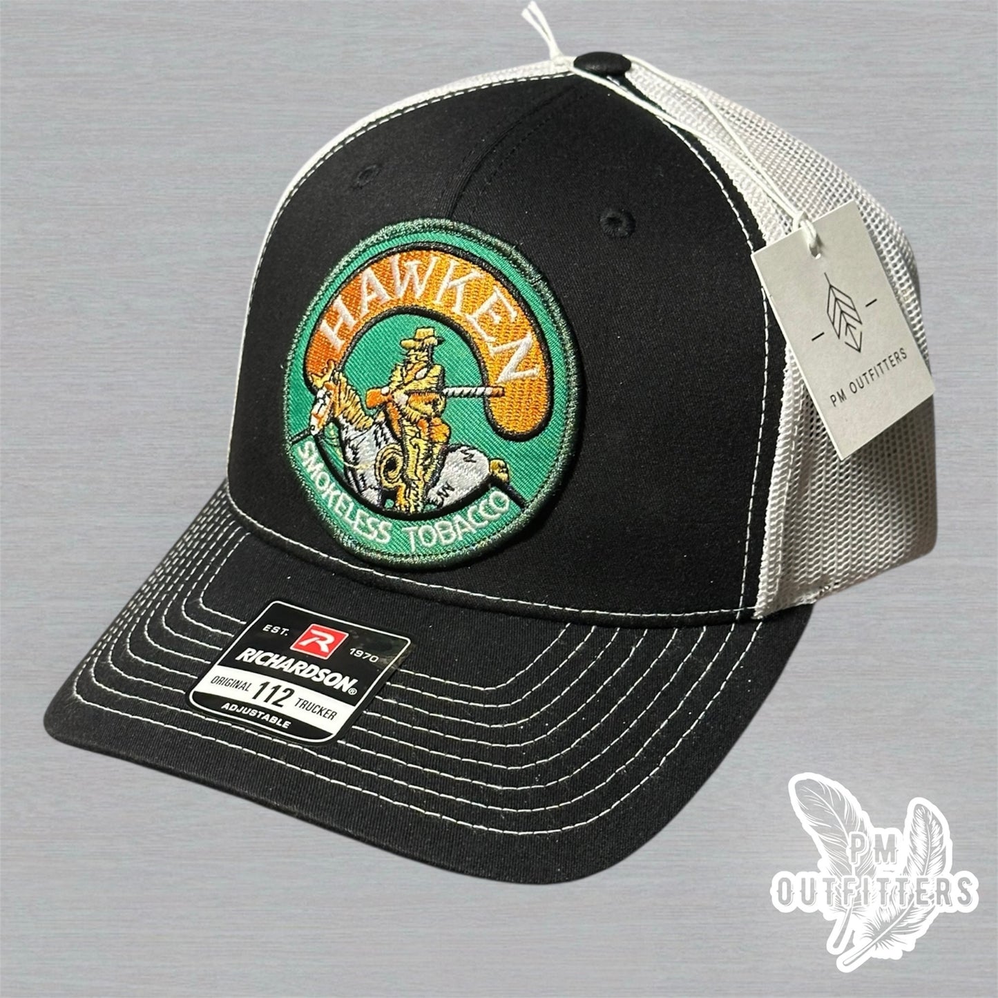 Hawken Smokeless Tobacco Embroidered Patch Black & White Richardson 112 Trucker Hat
