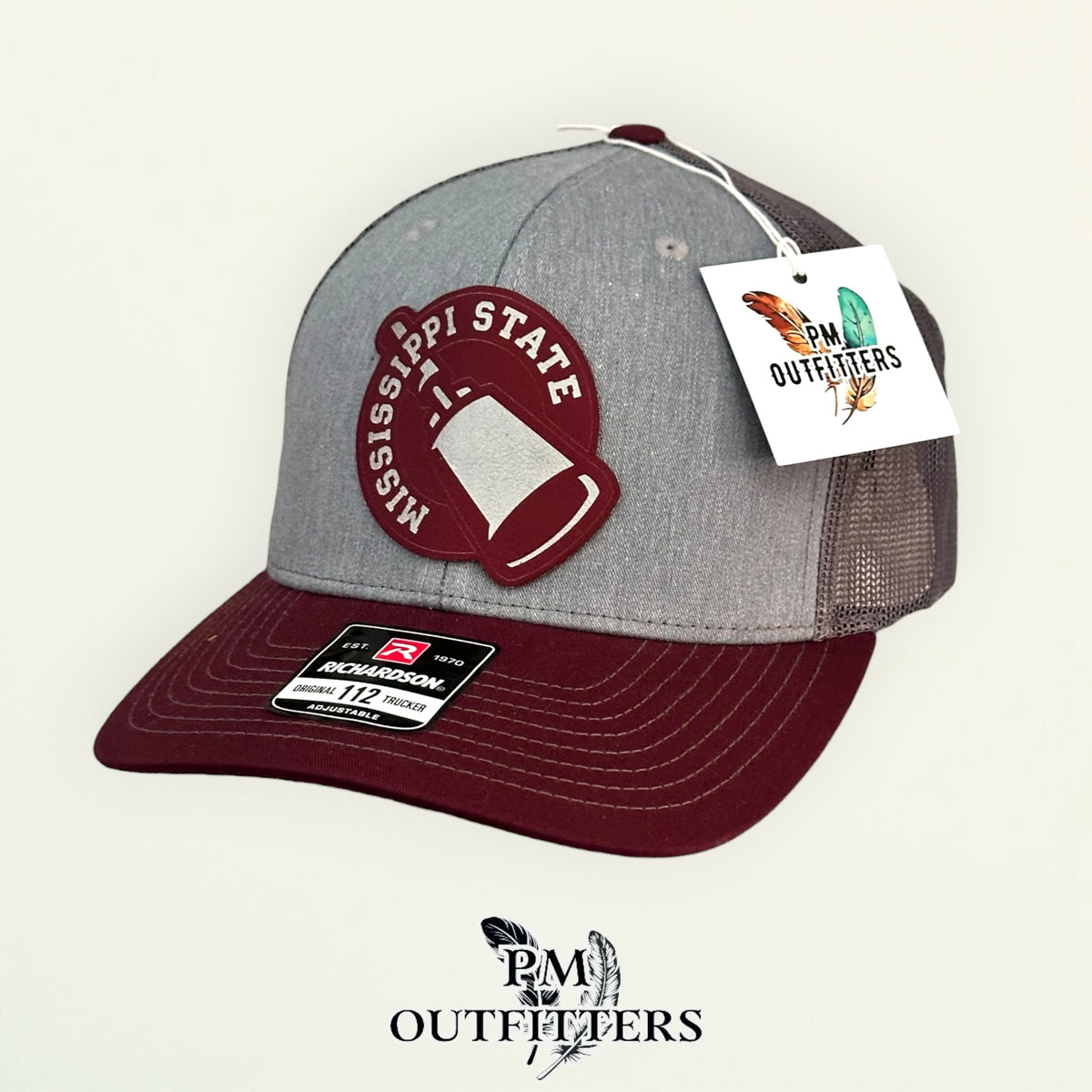 PM Outfitters Mississippi State cowbell laser engraved maroon vegan leather patch Richardson 112 gray maroon trucker hat