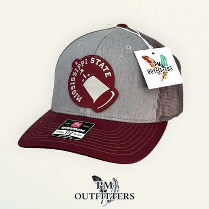 PM Outfitters Mississippi State cowbell laser engraved maroon vegan leather patch Richardson 112 gray maroon trucker hat