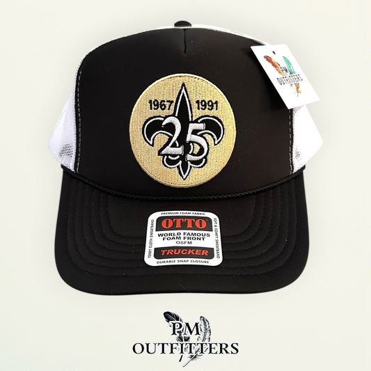 PM Outfitters New Orleans Saints 25th Anniversary embroidered patch Otto foam front rope black white trucker hat