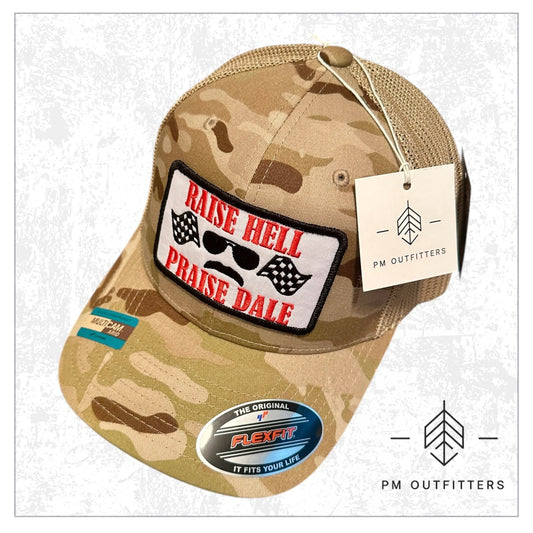 Raise Hell Praise Dale Retro NASCAR FlexFit Camo Trucker Hat