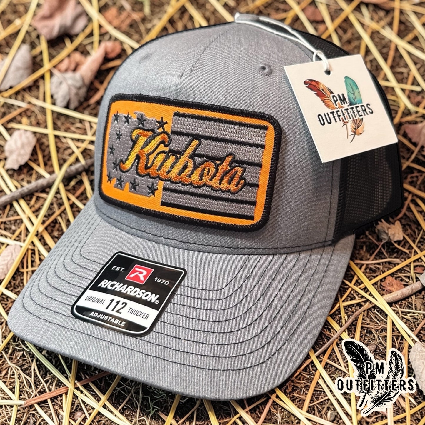 Kubota American Flag Trucker Hat | PM Outfitters Retro Patch Series | Richardson 112 Heather Gray & Black