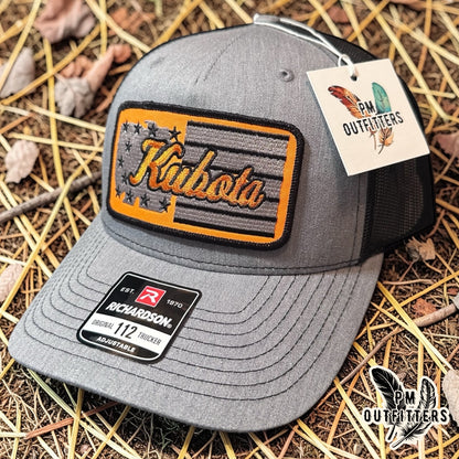 Kubota American Flag Trucker Hat | PM Outfitters Retro Patch Series | Richardson 112 Heather Gray & Black