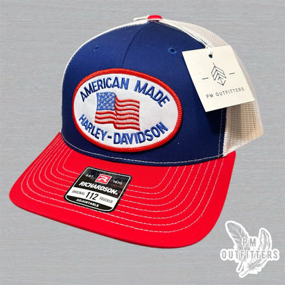 American Made Harley-Davidson Trucker Hat - Red, Blue & White Richardson 112