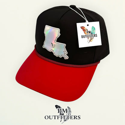 PM Outfitters Louisiana Lafayette Tailgate Season holographic vegan leather Louisiana state outline patch trucker hat Lafayette two-feather logo black red
