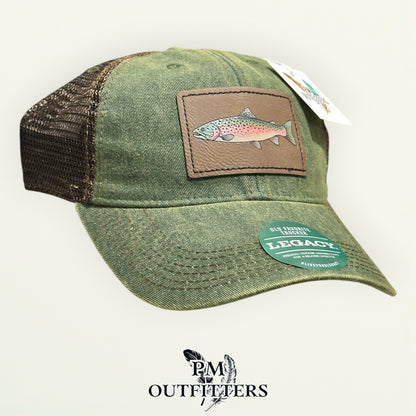 Hand-painted rainbow trout patch on an olive Legacy Old Favorite trucker hat with bronze mesh back, PM Outfitters True Originals