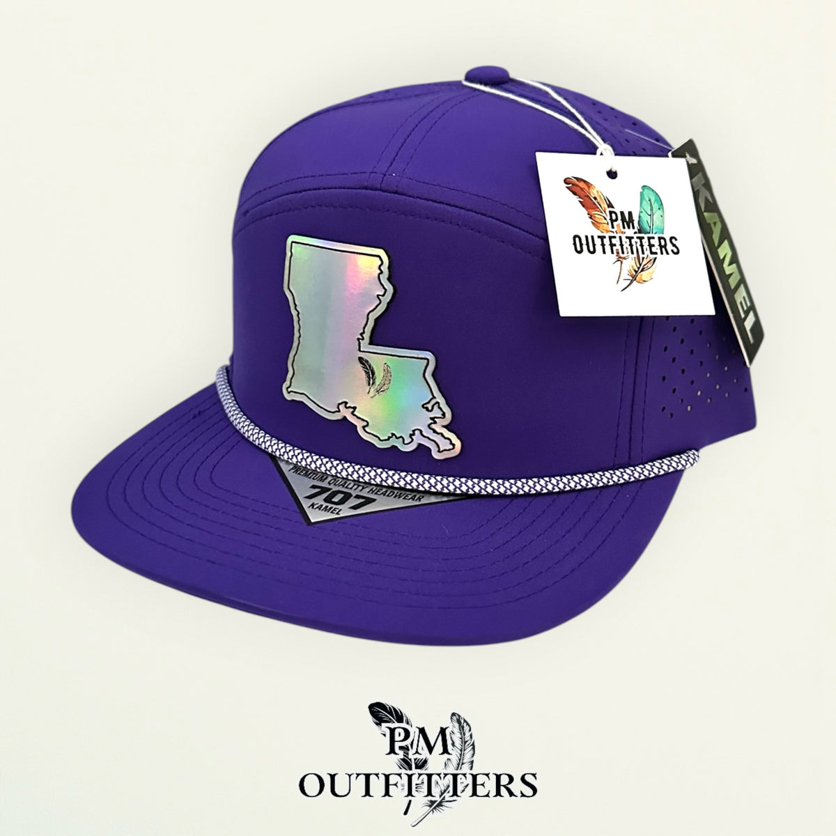 PM Outfitters LSU Tailgate Season holographic vegan leather Louisiana state outline patch trucker hat Baton Rouge two-feather logo purple gold