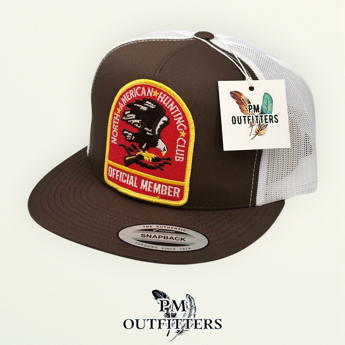 PM Outfitters vintage North American Hunting Club official member authentic vintage patch Yupoong 6006 brown white