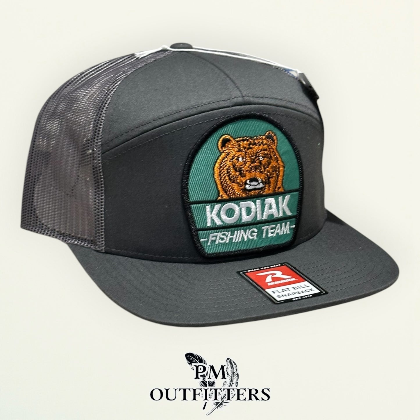 Kodiak Fishing Team Flat Bill Hat – PM Outfitters Retro Patch | Richardson 168 Charcoal Tobacco & Outdoor Heritage