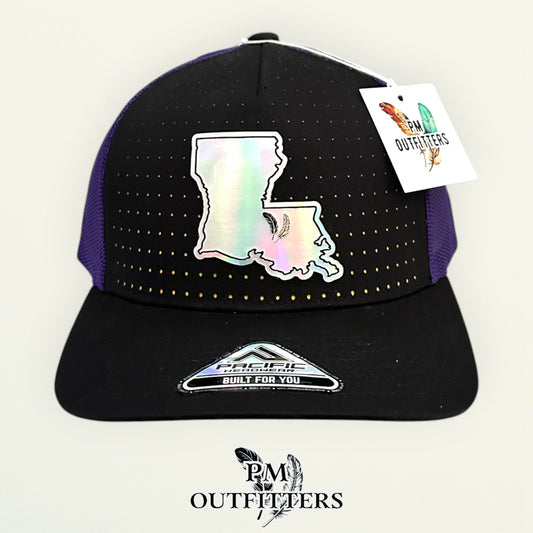 PM Outfitters LSU Tailgate Season holographic vegan leather Louisiana state outline patch trucker hat Baton Rouge two-feather logo purple gold
