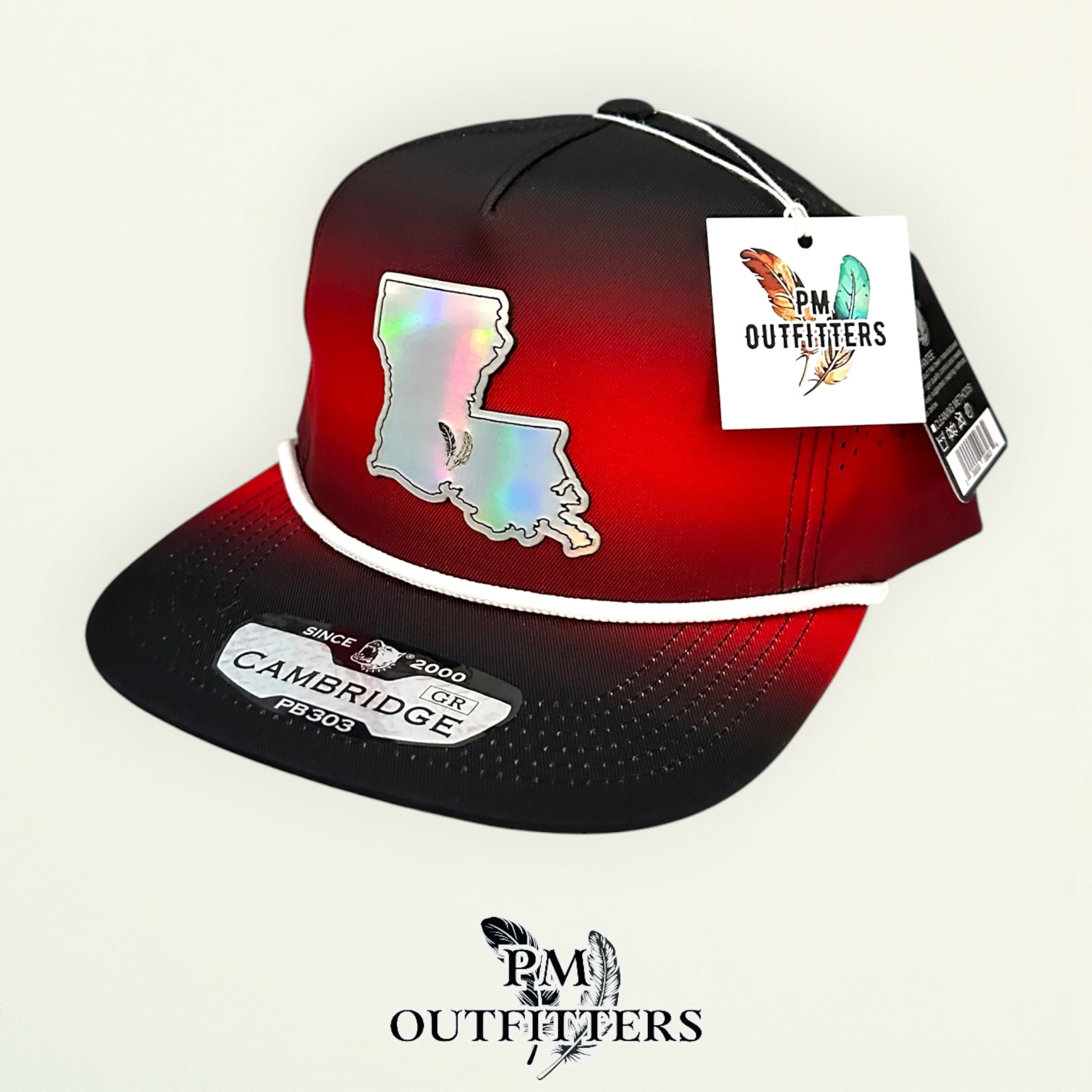 PM Outfitters Louisiana Lafayette Tailgate Season holographic vegan leather Louisiana state outline patch trucker hat Lafayette two-feather logo black red gradient
