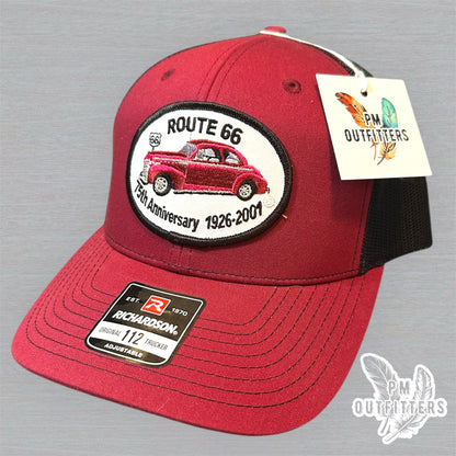Vintage Route 66 75th Anniversary Patch Trucker Hat - Richardson 112 Maroon Black