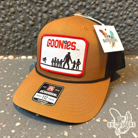 Vintage Goonies Patch Trucker Hat - Richardson 112 Caramel Black Rope