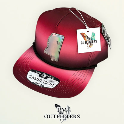 PM Outfitters Mississippi State Tailgate Season holographic vegan leather Mississippi state outline patch trucker hat Starkville two-feather logo maroon black gradient