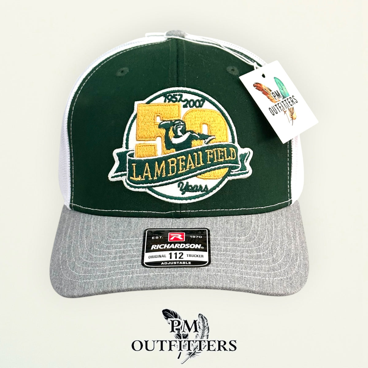 PM Outfitters Green Bay Packers Lambeau Field 50th Anniversary embroidered patch Richardson 112 green gray trucker hat