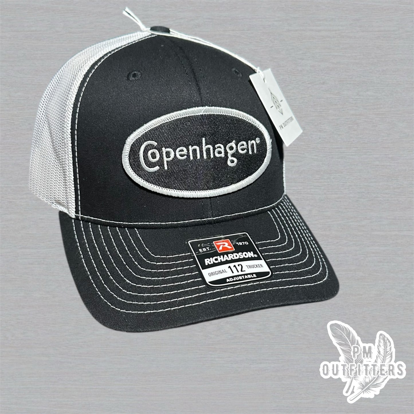 Copenhagen Logo Embroidered Patch on Black and White Richardson 112 Trucker Hat