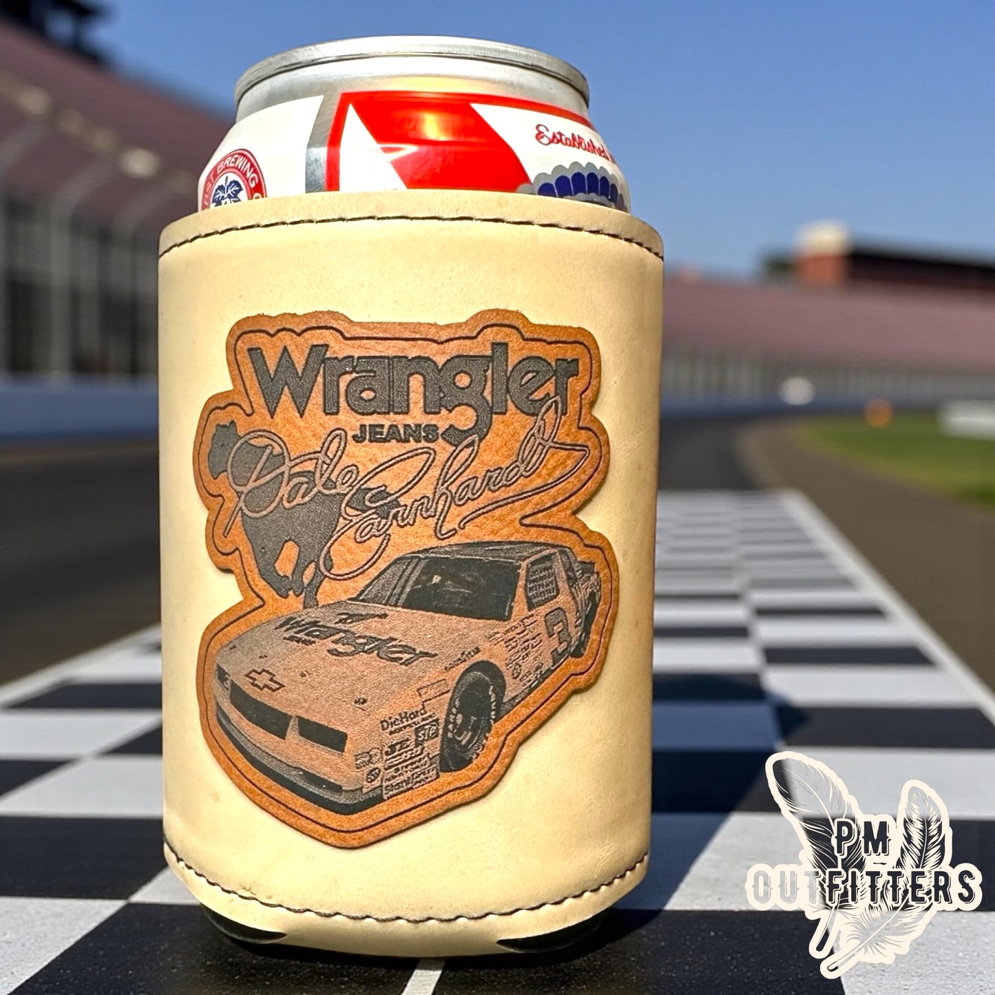 PM Outfitters Custom Laser Engraved Dale Earnhardt Wrangler Jeans Racing Premium Leatherette Can Cooler - Tan Koozie