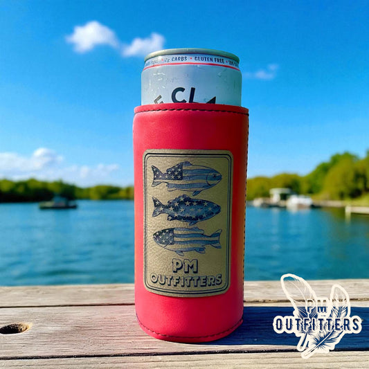 PM Outfitters Custom Design American Flag 3-Fish Leatherette Slim Can Koozie