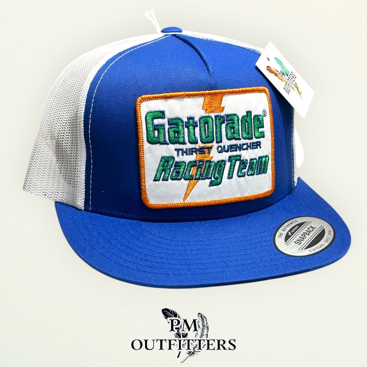 Blue and white Gatorade Racing Team trucker hat, angled view, PM Outfitters