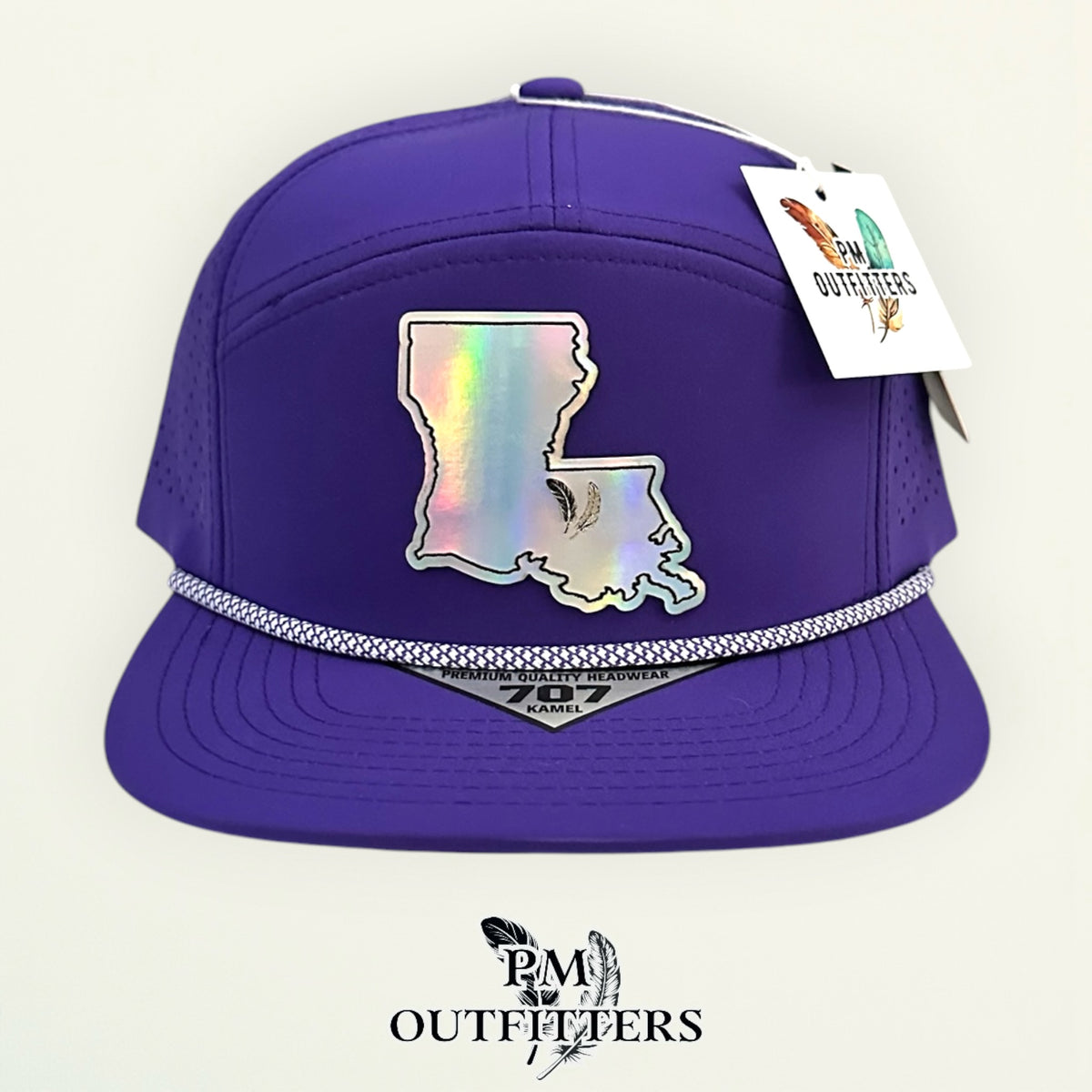 PM Outfitters LSU Tailgate Season holographic vegan leather Louisiana state outline patch trucker hat Baton Rouge two-feather logo purple gold
