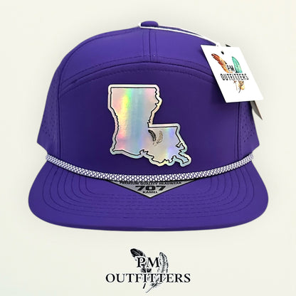 PM Outfitters LSU Tailgate Season holographic vegan leather Louisiana state outline patch trucker hat Baton Rouge two-feather logo purple gold