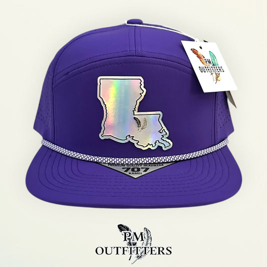 PM Outfitters LSU Tailgate Season holographic vegan leather Louisiana state outline patch trucker hat Baton Rouge two-feather logo purple gold