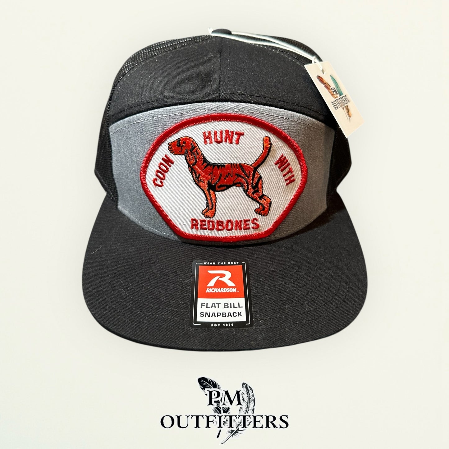 Coon Hunt With Redbones Trucker Hat — PM Outfitters Vintage Hunting Patch | Richardson 168 Grey Black Flat Bill