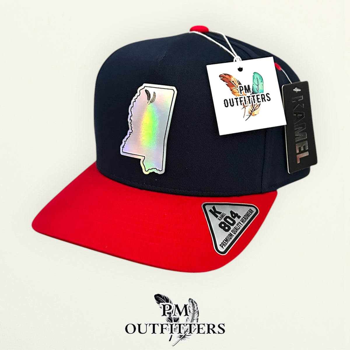 PM Outfitters Ole Miss Tailgate Season holographic vegan leather Mississippi state outline patch trucker hat Oxford two-feather logo navy red