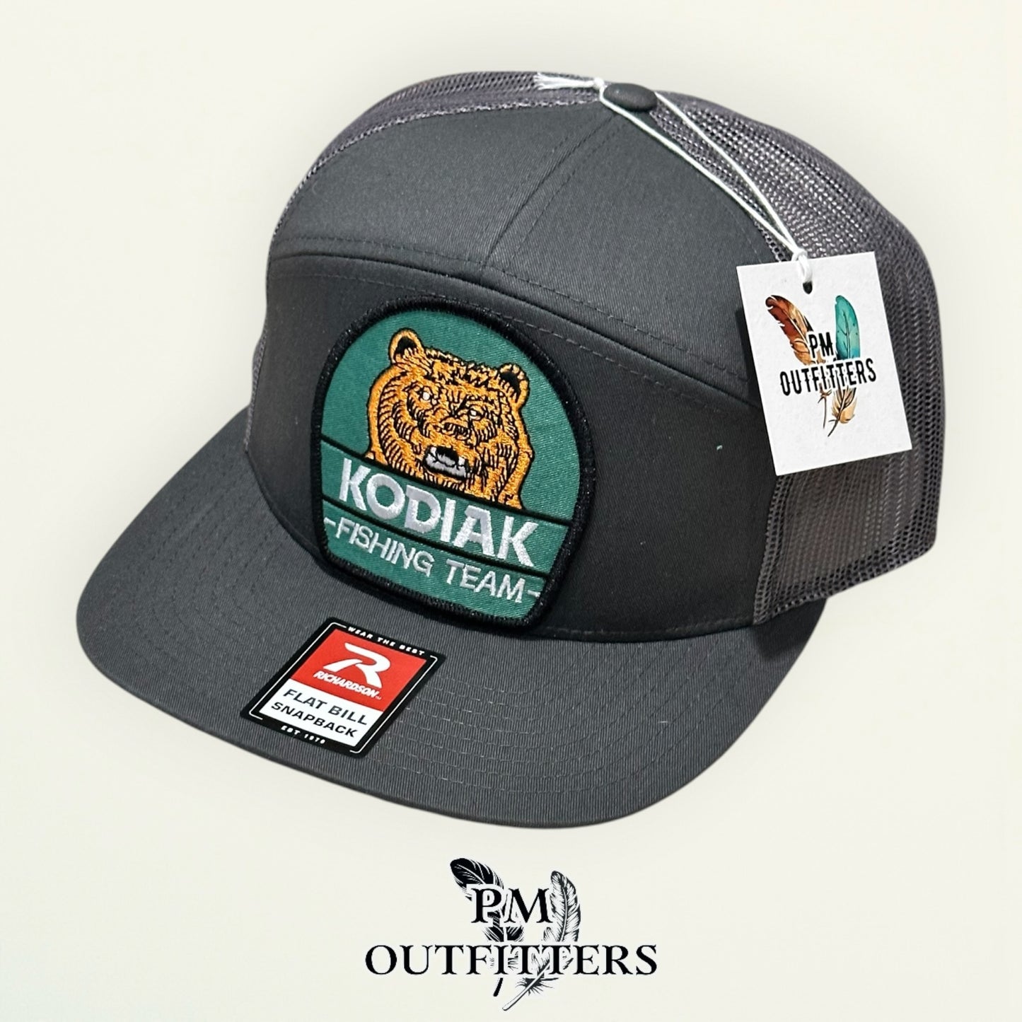 Kodiak Fishing Team Flat Bill Hat – PM Outfitters Retro Patch | Richardson 168 Charcoal Tobacco & Outdoor Heritage
