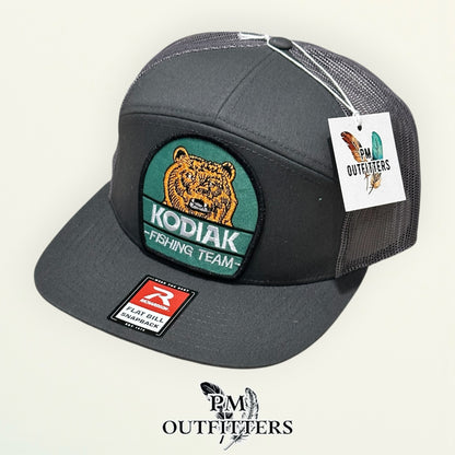 Kodiak Fishing Team Flat Bill Hat – PM Outfitters Retro Patch | Richardson 168 Charcoal Tobacco & Outdoor Heritage