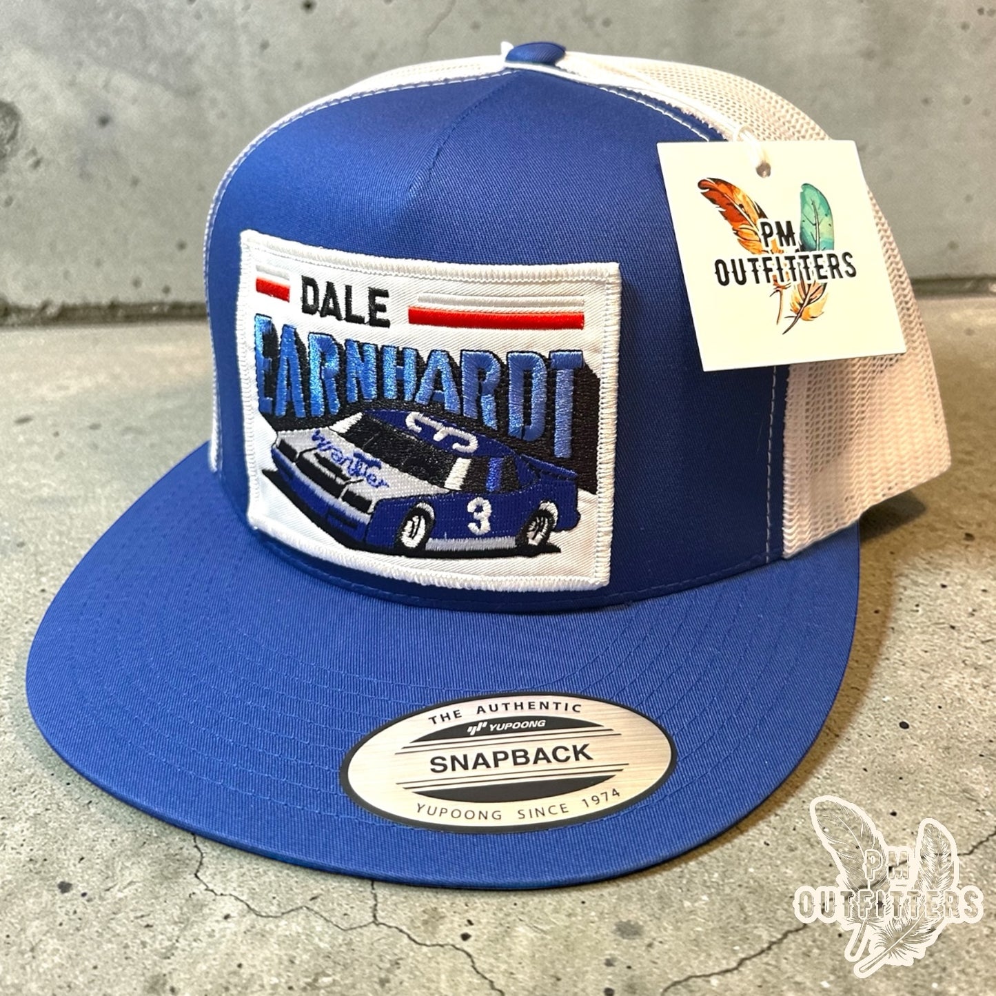Dale Earnhardt Wrangler #3 NASCAR Trucker Hat — PM Outfitters Retro Patch | Yupoong Flat Bill Blue White Intimidator Heritage