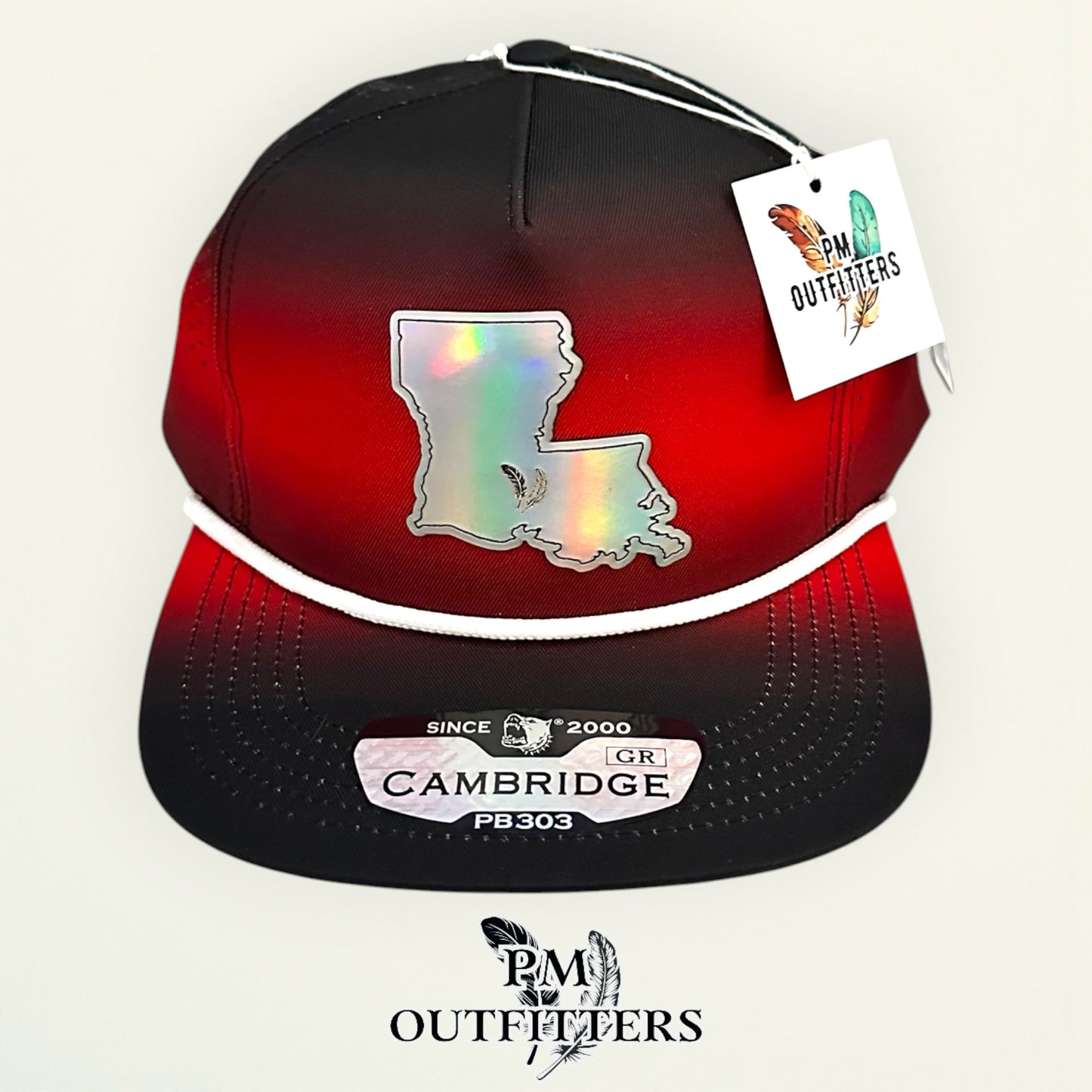 PM Outfitters Louisiana Lafayette Tailgate Season holographic vegan leather Louisiana state outline patch trucker hat Lafayette two-feather logo black red gradient