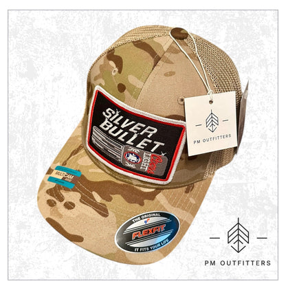 Vintage Coors Light Silver Bullet Embroidered Patch on FlexFit Camo Trucker Hat