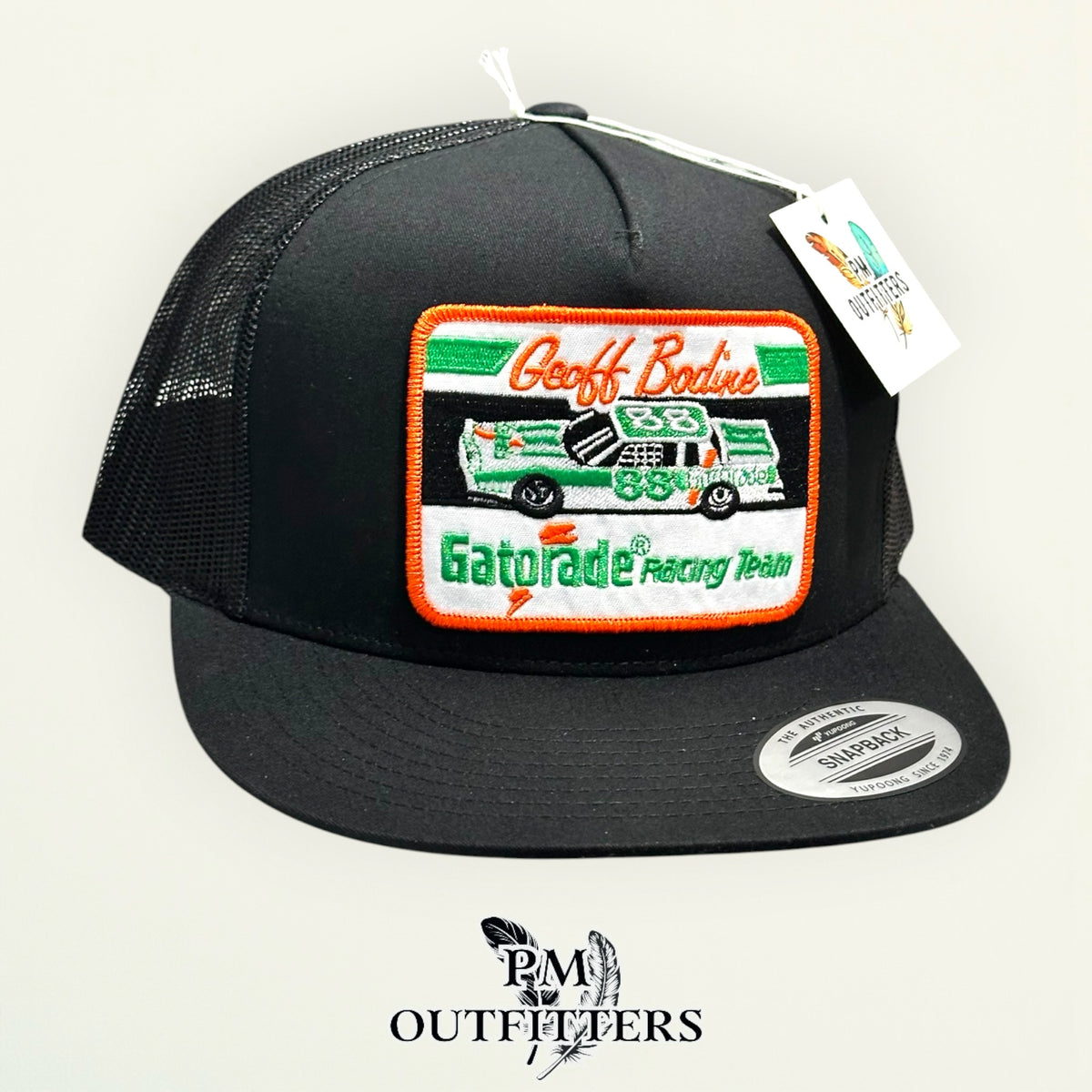 Black Geoff Bodine Gatorade Racing trucker hat, angled view, PM Outfitters