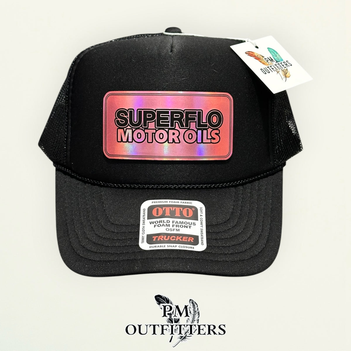 Superflo Motor Oils Otto foam front trucker hat interior tag detail