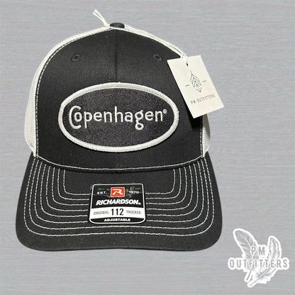 Copenhagen Logo Embroidered Patch on Black and White Richardson 112 Trucker Hat