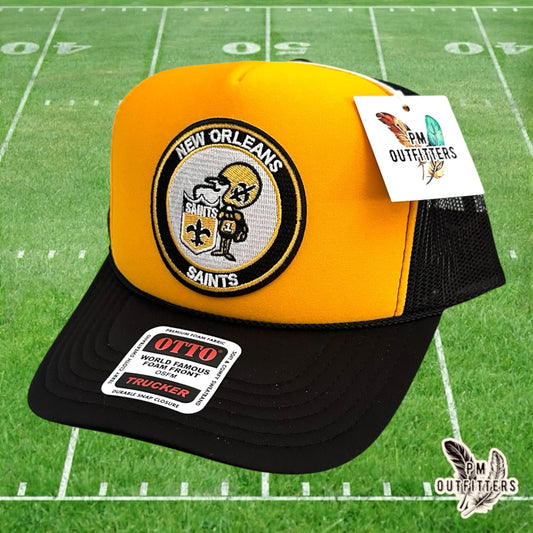 PM Outfitters New Orleans Saints Sir Saint retro embroidered patch Otto foam front rope gold black trucker hat