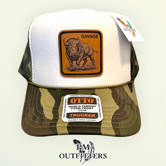 SAVAGE Wild Boar Laser Engraved Patch Hat | Otto Foam Rope Trucker White Camo | PM Outfitters Exclusive Design