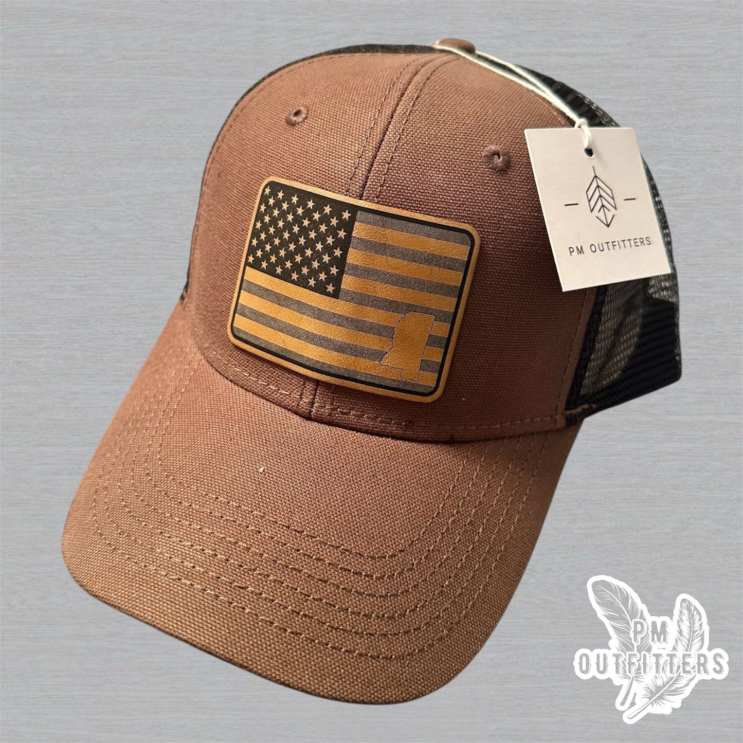 PM Outfitters Custom Design American Flag MS DriDuck Canvas Trucker Hat